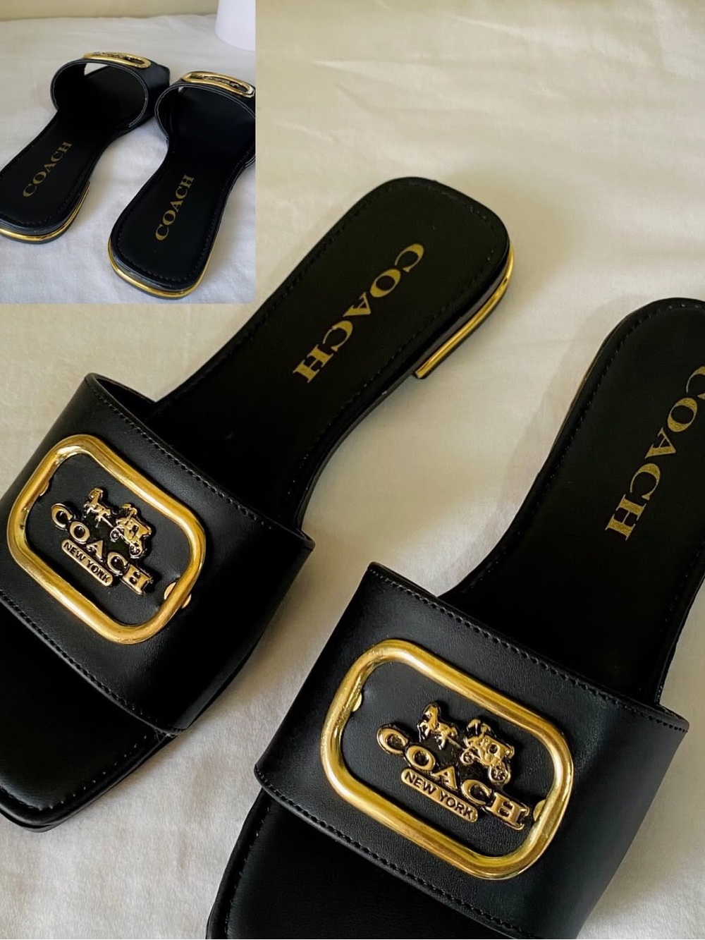 👡🐎COACH Black Leather Slide Mules with Gold Logo Plaque NOT ORIG